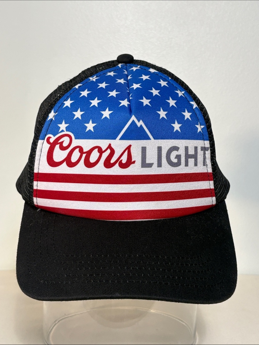 Coors Light Patriotic American Flag Black Mesh Trucker Hat- Red, White, and Blue